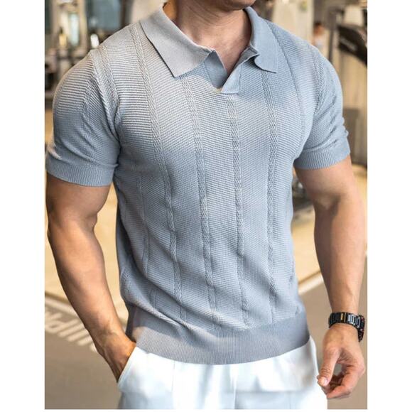 Aha Selected Ice Silk Polo Short Sleeves Shirt Knit Size Medium Gray Y2K Stretch - Picture 1 of 8